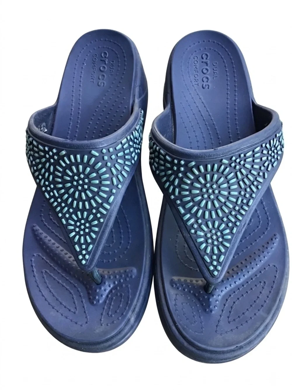 CROCS Monterey Embellished  Wedge Flip Flop NAVY Size 10 Boho Comfortable